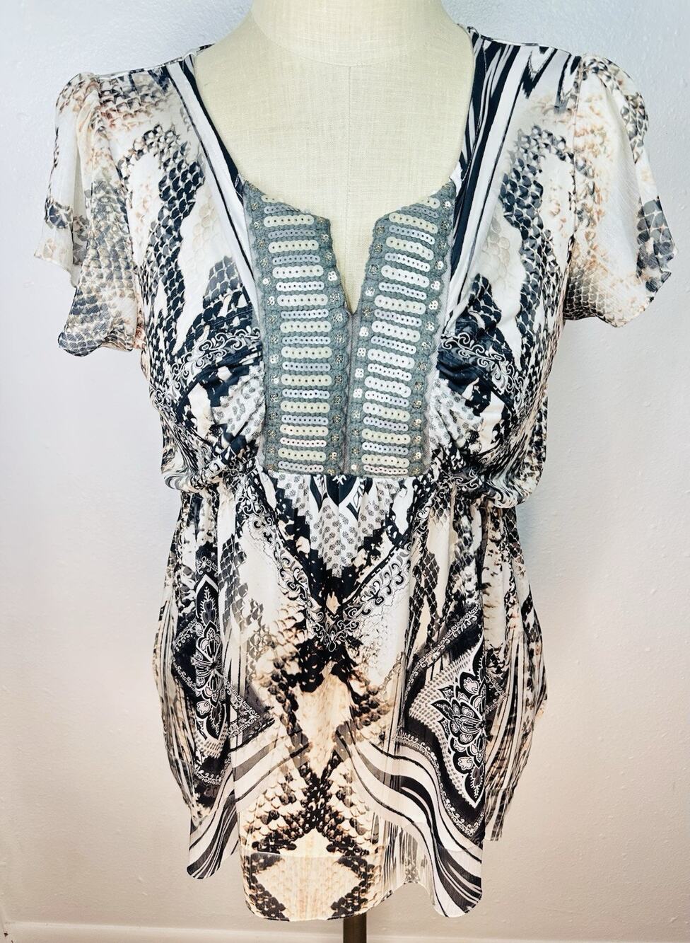 Energe Y2K Boho Sequin Snake Print Blouse Large Fairy Whimsy